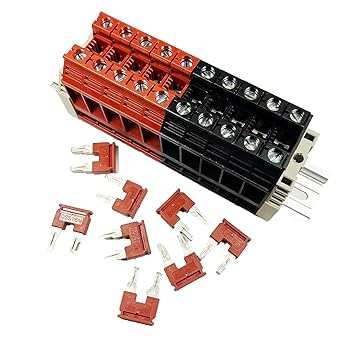 Dinkle Assembly Kit DK35N Red/Black 10 Gang Box Connector DIN Rail Terminal Blocks, 1/0-12 AWG, 150 Amp, 600 Volt 8 Jumpers Included