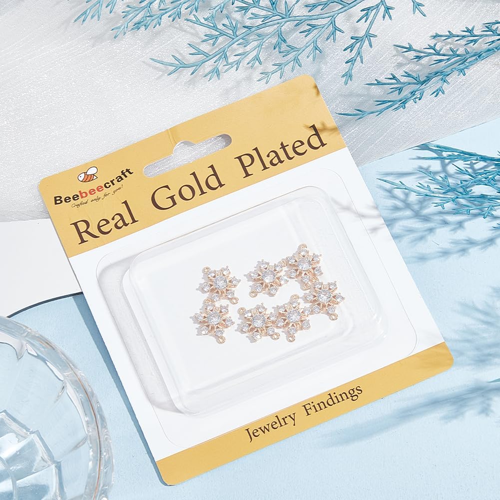 Beebeecraft Snowflake Charms Real 18K Gold Plated Brass Cubic Zirconia Christmas Snow Connector for DIY Bracelet Jewelry Making