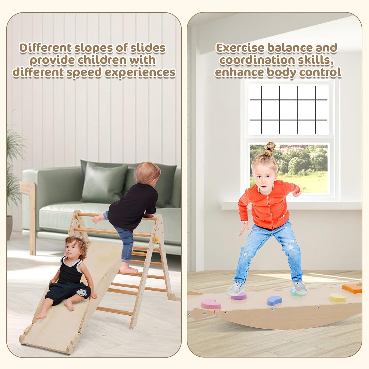 4-in-1 Montessori Kletterdreieck, Klettergerüst Indoor mit Rutsche, Kletterleiter und Kletterbogen, Wippe, Faltbares Holz Klettern Spielzeug Indoor Outdoor Set, Indoor Spielplatz 1-5 Jahre
