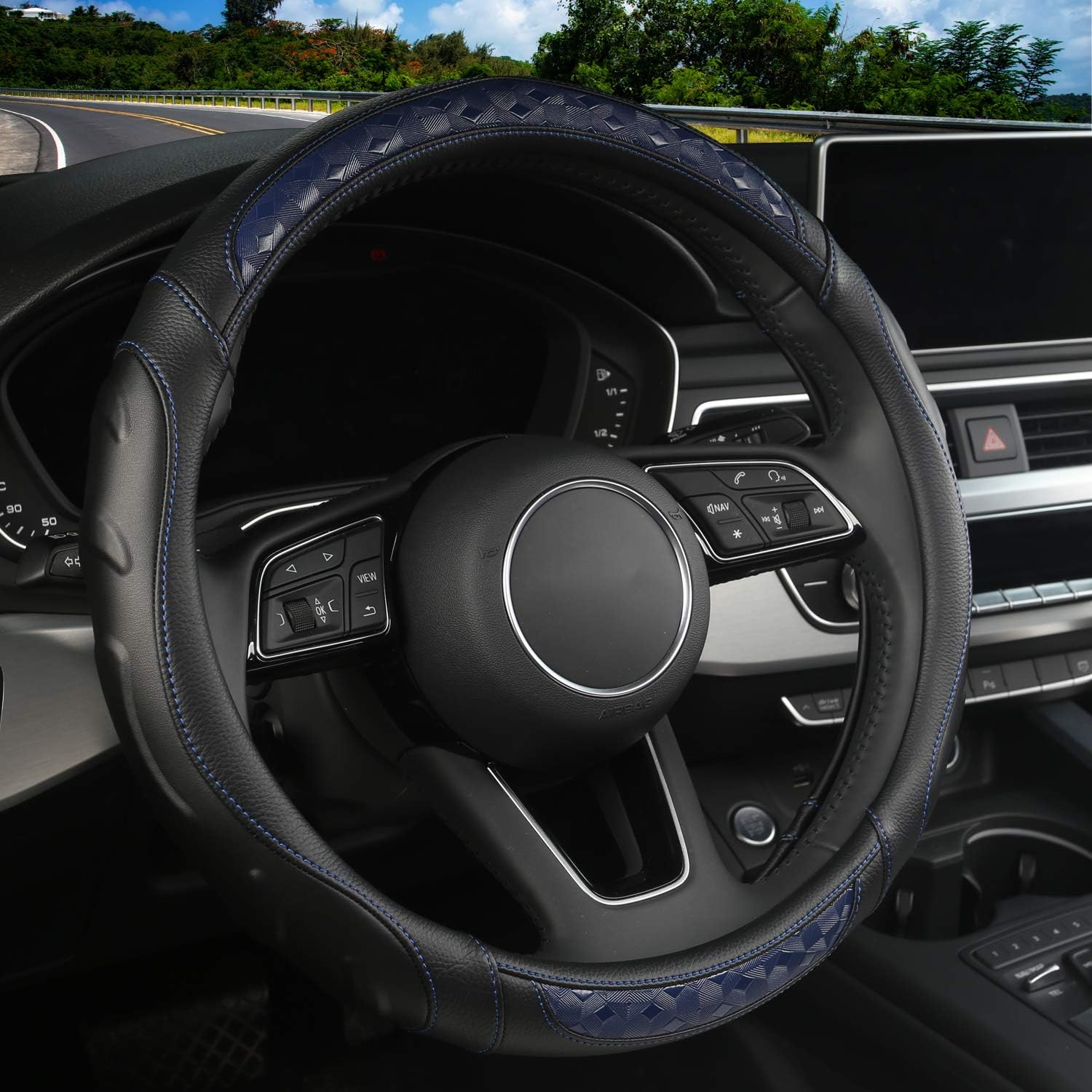 Microfiber Leather Car Steering Wheel Cover with Grip Contours, Universal 15 Inch Breathable Anti-Slip Auto Steering Wheel Protector (Black-Blue)