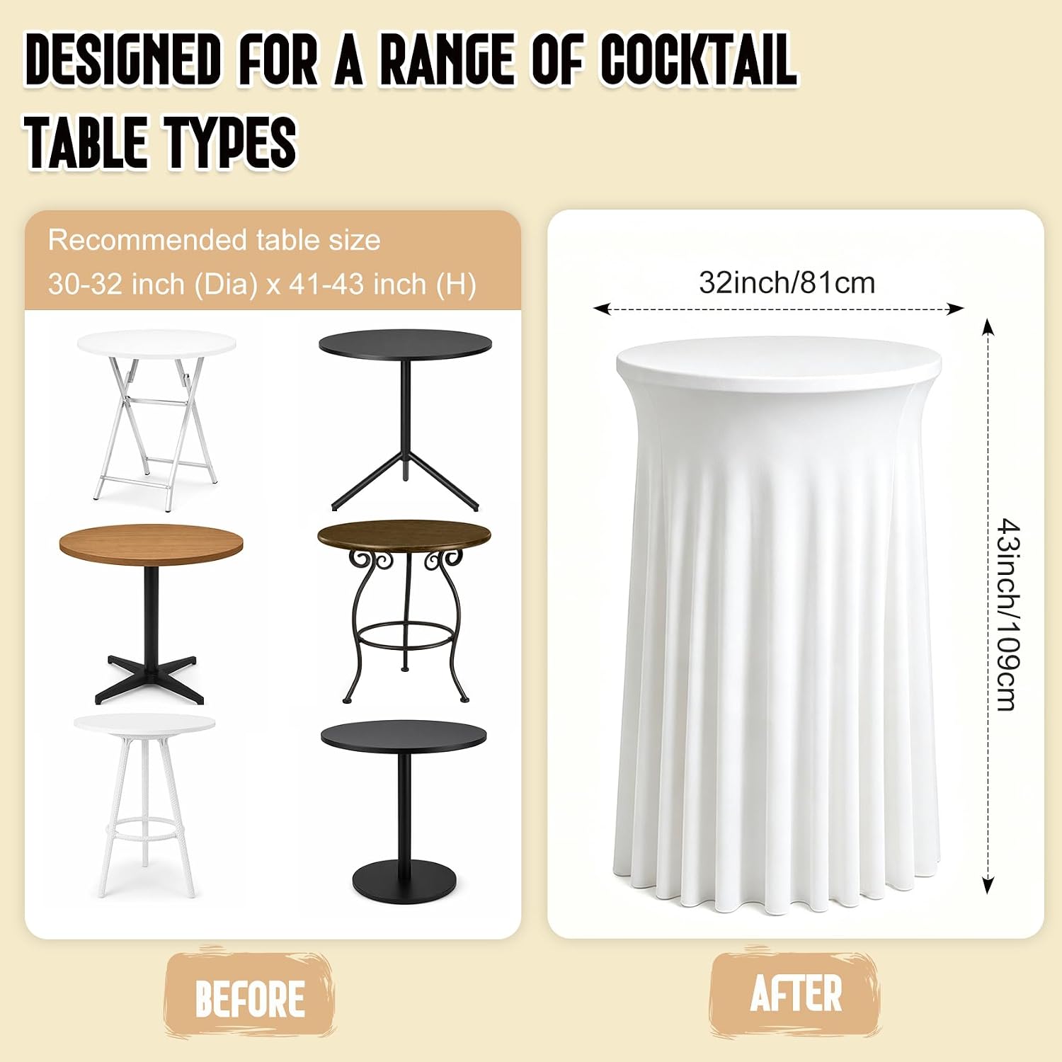 2 Packs Round Spandex Cocktail Table Skirt 32"x 43" Spandex Stretch Cocktail Tablecloth with Wavy Drapes, White Spandex Fitted High Top Round Table Covers for Wedding Bar Party Birthday Banquet Tables