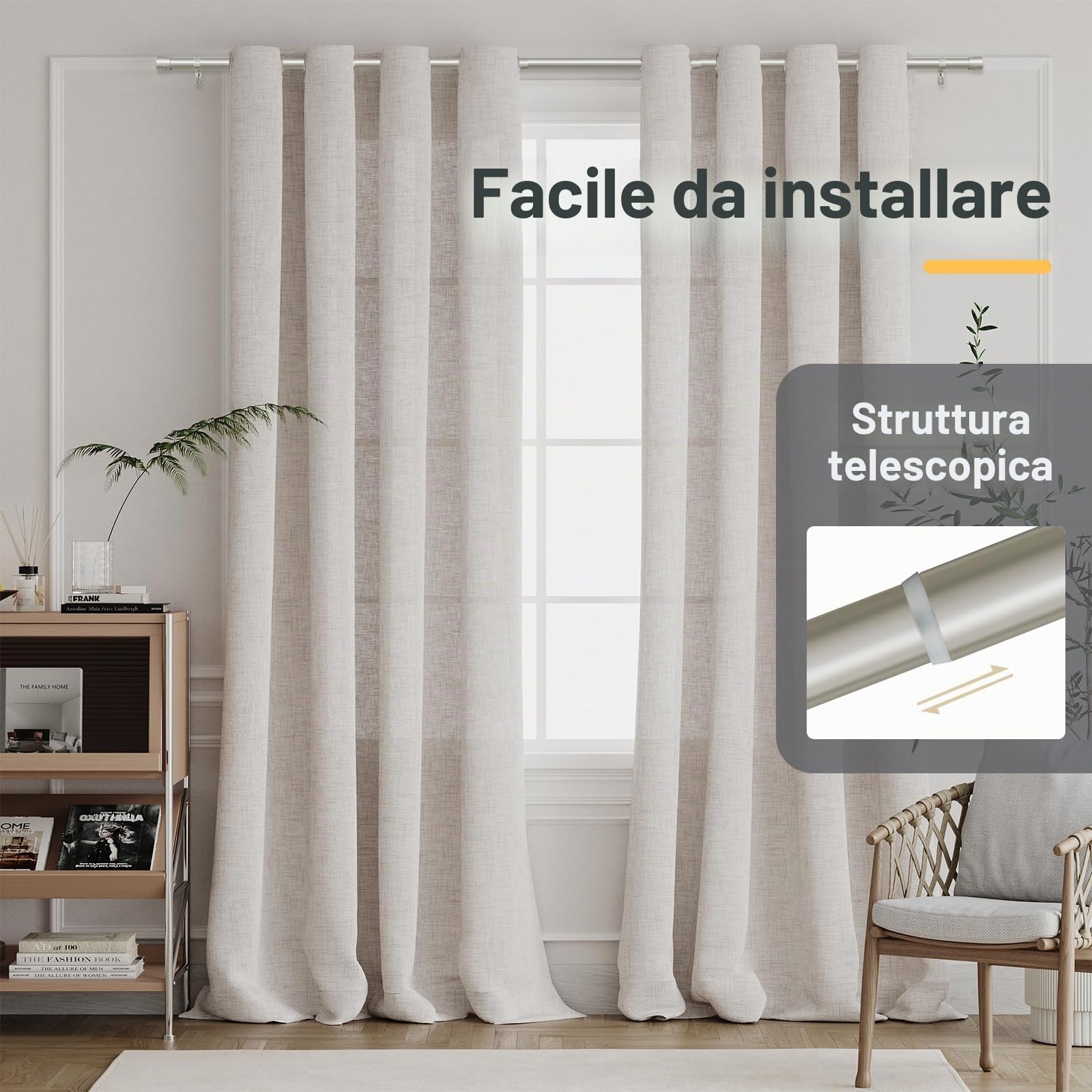 BellaHills 1 Pezzi Bastone Tenda Estensibile, 76-349 cm Aste per Tende per Finestra con Coperchio e Staffe Set, Bastone per Tende Regolabile di Diametro 25 mm per Camera da Letto, Nichel