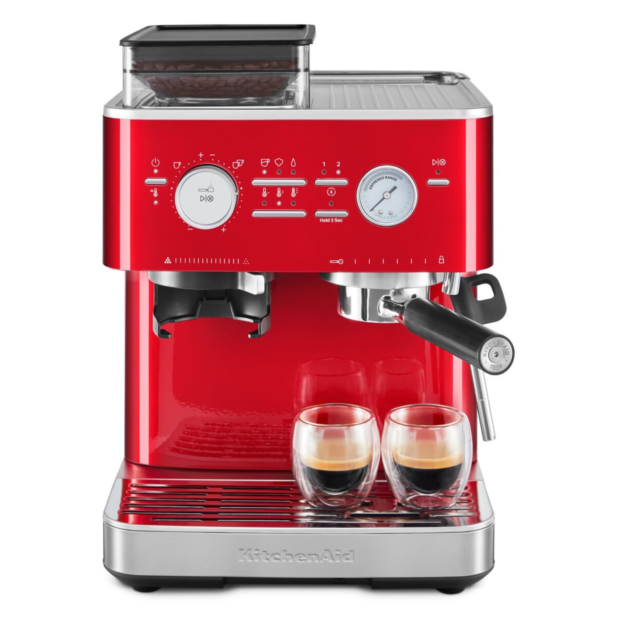 KitchenAid Ekspres do kawy ziarnistej - półautomatyczny ekspres do espresso i cappuccino z wbudowanym stożkowym młynkiem do kawy, dzbanek na mleko 355 ml, jabłko miłości