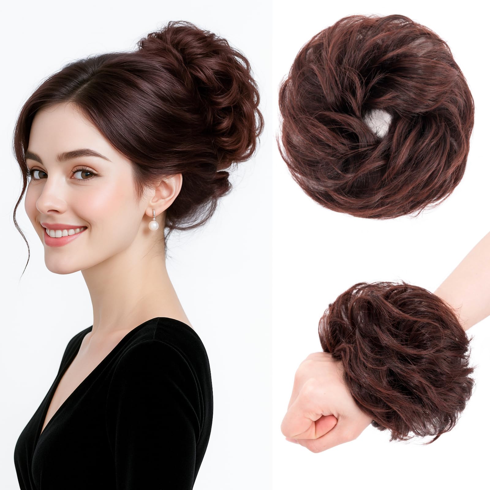 Benehair Messy Bun Hair Piece Curly Wavy Hair Scrunchies Messy Bun Scrunchie Synthetic Donut Updo Hair Pieces for Women Girls (Dark Auburn with Highlight