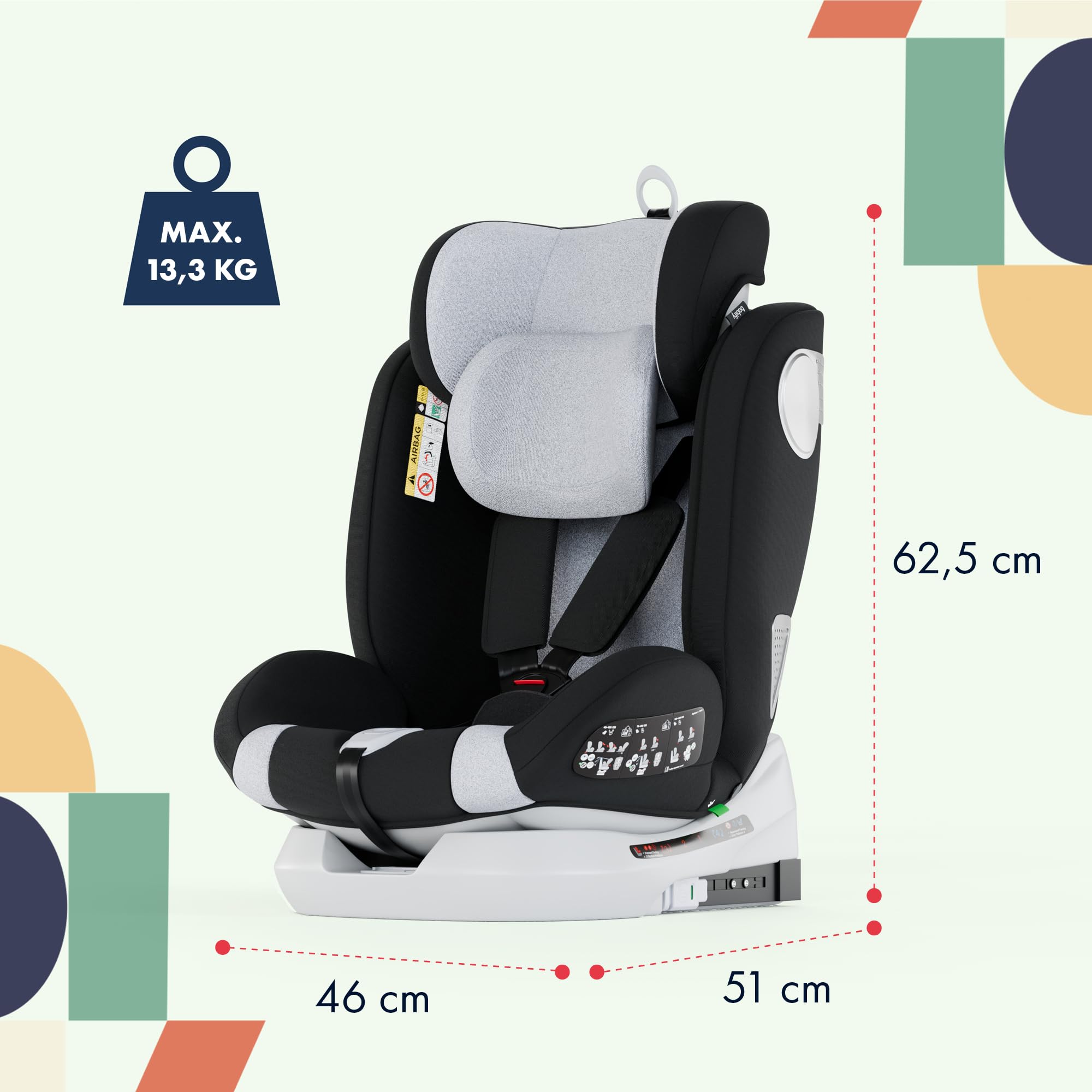 Babify Onboard Silla de Coche Isofix para Bebés y Niños, 0 Meses - 12 Años, Apta Desde 40-150 cm Ajustable 360º, Asiento Portátil y Seguro i-Size ECE R129