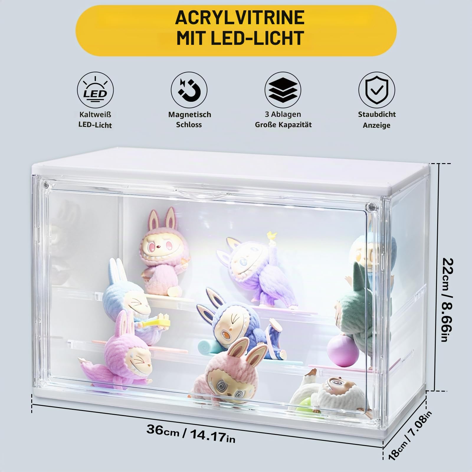 GUDEMAY 3er-Set Stapelbare Acryl-Vitrine mit LED, Staubdichter Schaukasten | staubdichte Display-Box mit 3 Stufen & Magnettür. Idealer Setzkasten für Funko Pop, Klemmbaustein-Minifiguren & Blindboxen