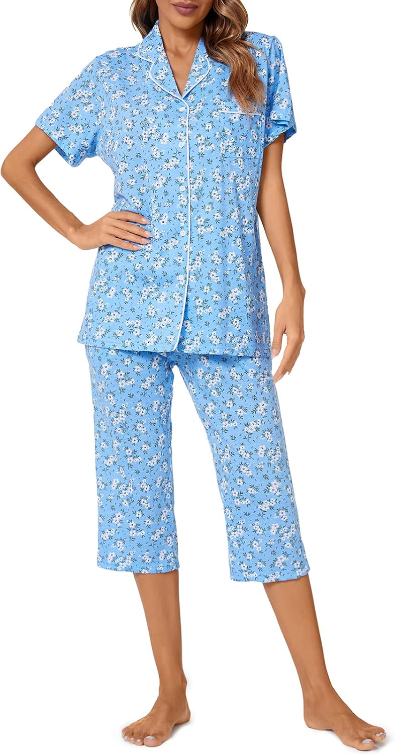 Tugege Capri Pajamas Set Womens Button Down Short Sleeve Lounge Sets Sleepwear Notch Collar Top & Capri 2 Piece PJ Sets - Image 6