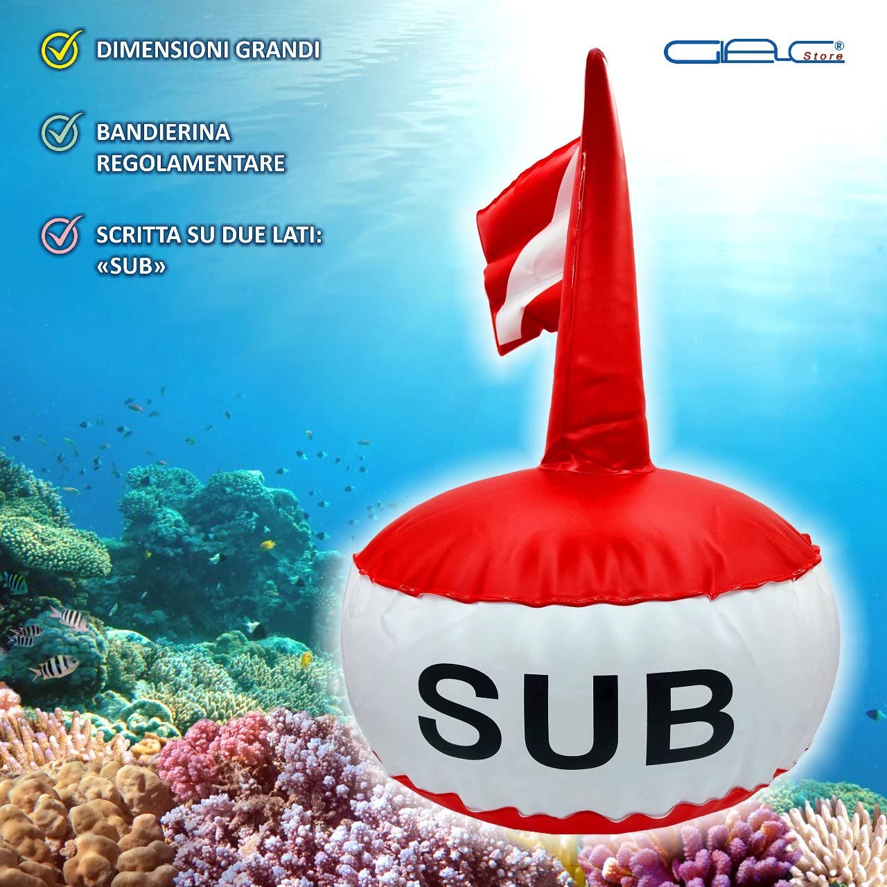 Boa Sub di Segnalazione Grande Alta 63 cm Diametro 37 cm con Bandiera Rossa e Bianco Fondo Zavorrabile