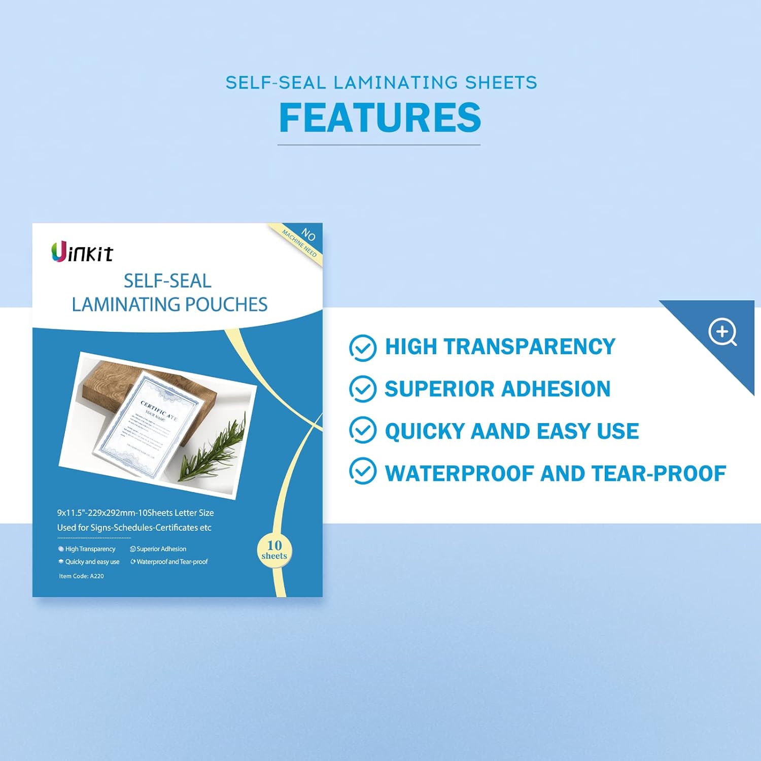 Uinkit Self Sealing Laminating Pouches Self Adhesive Laminating Sheets for Cards 2.6x3.9inches 50Pack and 9x11.5 10Pack 10Mil Thick Gloss Finish No Machine Need