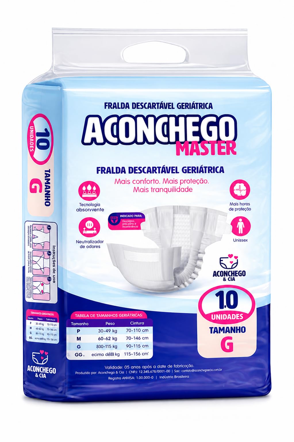 Fralda Geriátrica Adulto Aconchego G com 10 Unidades | Alta Absorção | Proteção para