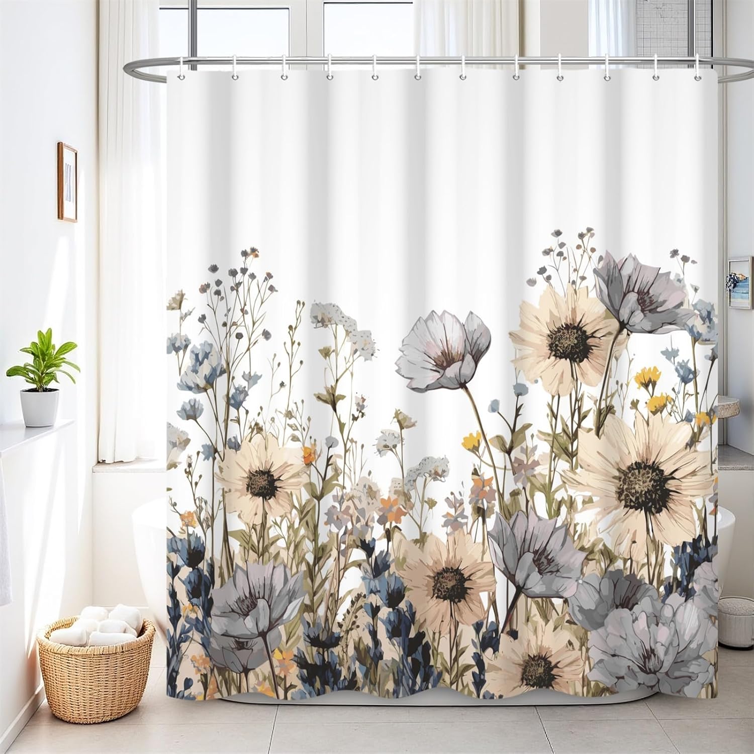 Renaiss 72 x 72 Inch Watercolor Flower Shower Curtains Colorful Peony Green Leaf Botanical Spring Floral Bathroom Decor Shower Curtain Waterproof Fabric Machine Washable with 12 Plastic Hooks