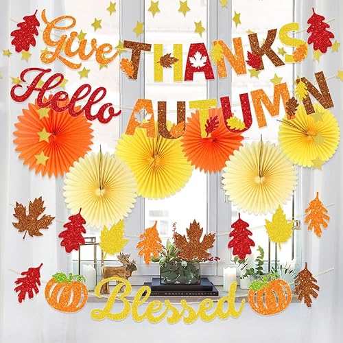 El juego de decoraciones de fiesta de otoño incluye hojas de arce de otoño, abanicos de papel, pancarta de otoño, telón de fondo, guirnalda de