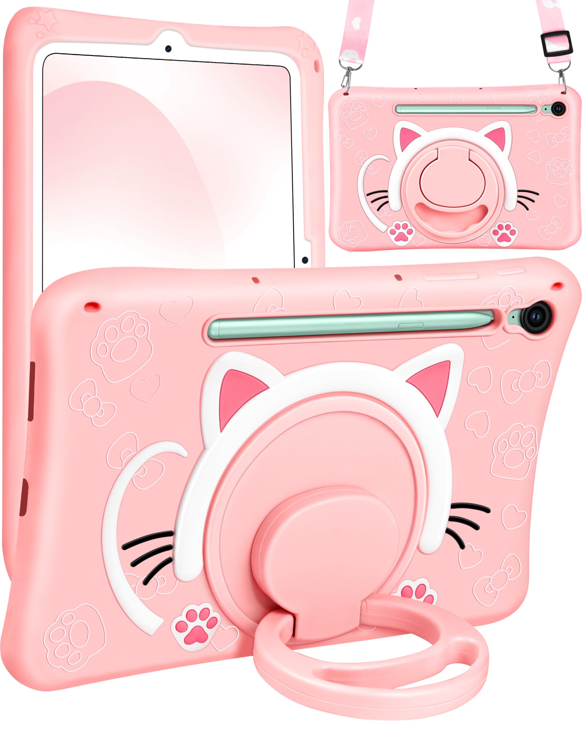 for Galaxy Tab S10 FE/S9 FE Case 10.9 Inch - Girls Cute Cat Kitten 3D Cartoon Women Soft Silicone Tablet Cover for Samsung Galaxy S9 FE with Rotating Stand & Strap Funda para Tab S10 FE 5G