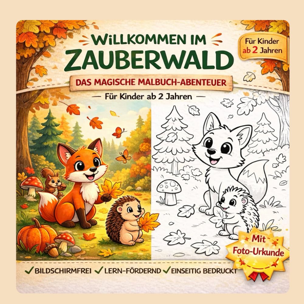 Willkommen im Zauberwald - Das magische Malbuch-Abenteuer: Deutsche Waldtiere kennenlernen: Für Kinder ab 2 Jahren | Bildschirmfrei | Einseitig bedruckt | Mit Foto-Urkunde zum Ausschneiden