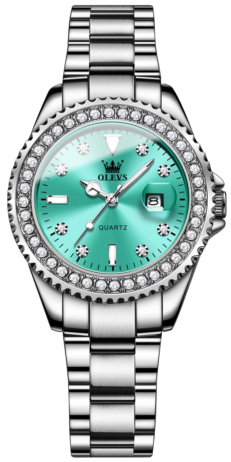 OLEVS Womens Watch Elegant Dress Diamond Cyan Analog Quartz Watch Day Calendar Stainless Steel Waterproof Luminous Gift Wristwatch for Women (B0D2W493BX) Amazon Price History, Amazon Price Tracker