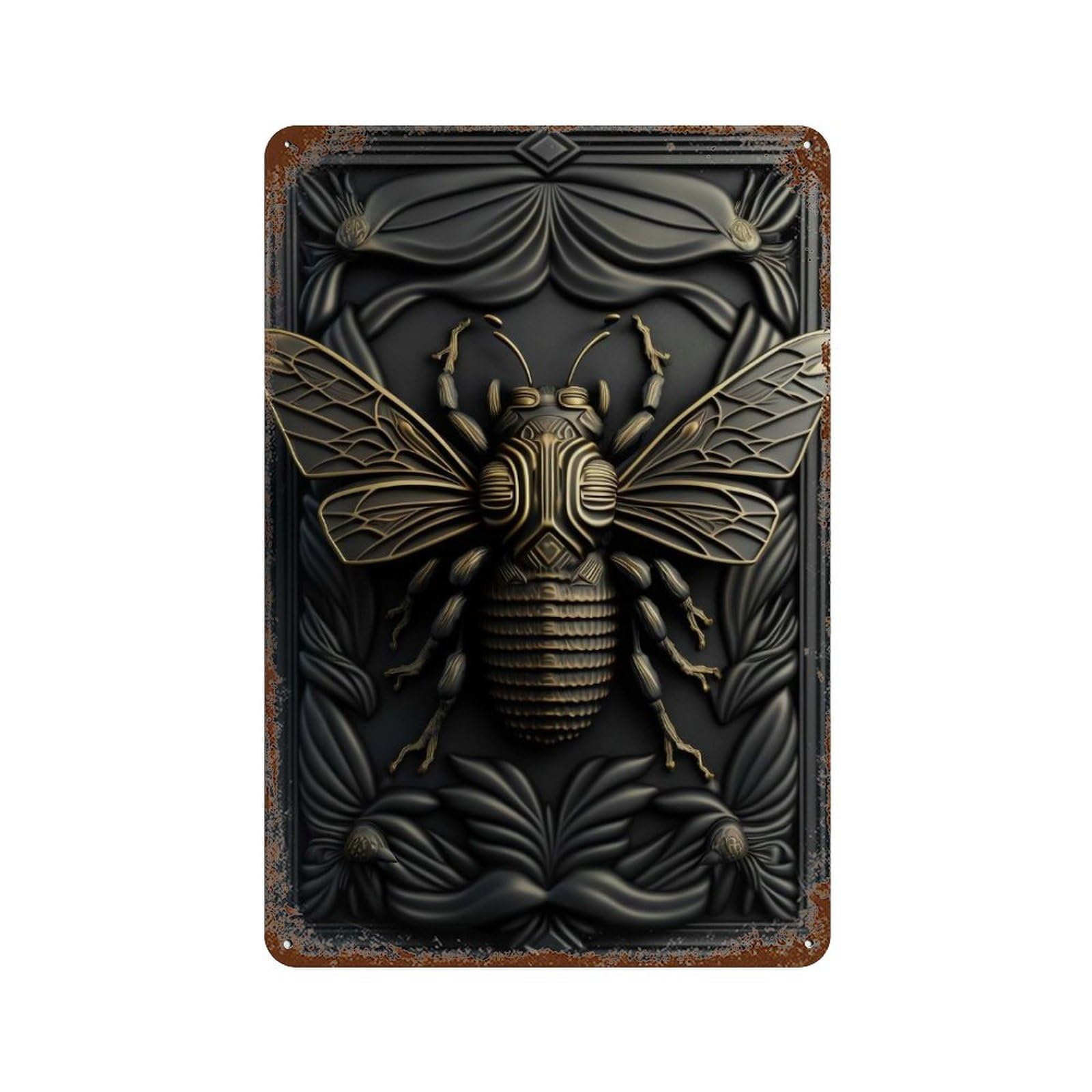 Rust Effect Bee Gold Relief Deco Rustic Tin Plaque 11.8"x7.9", Shabby Chic Decor for Basement, Hobby Room And Garage Decor