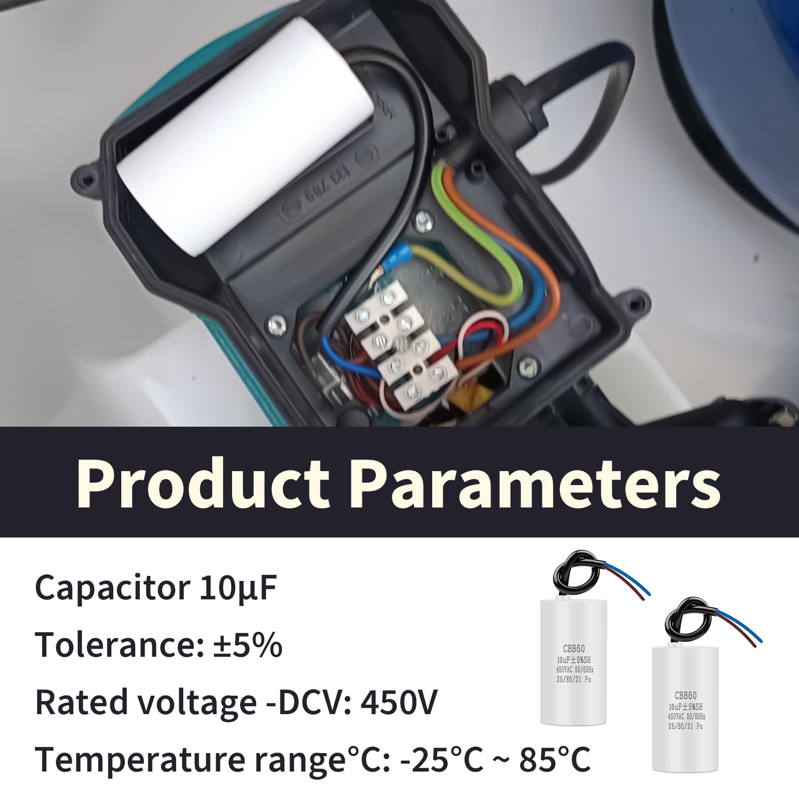 2 Pièces CBB60 10uF 450V 50/60Hz Condensateur Démarrage Moteur 34x65mm, Condensateur Moteur AC, Remplacement Universel Pour Sèche-Linge Pompe Ventilateur Compresseur Machine à Laver Avec Fils