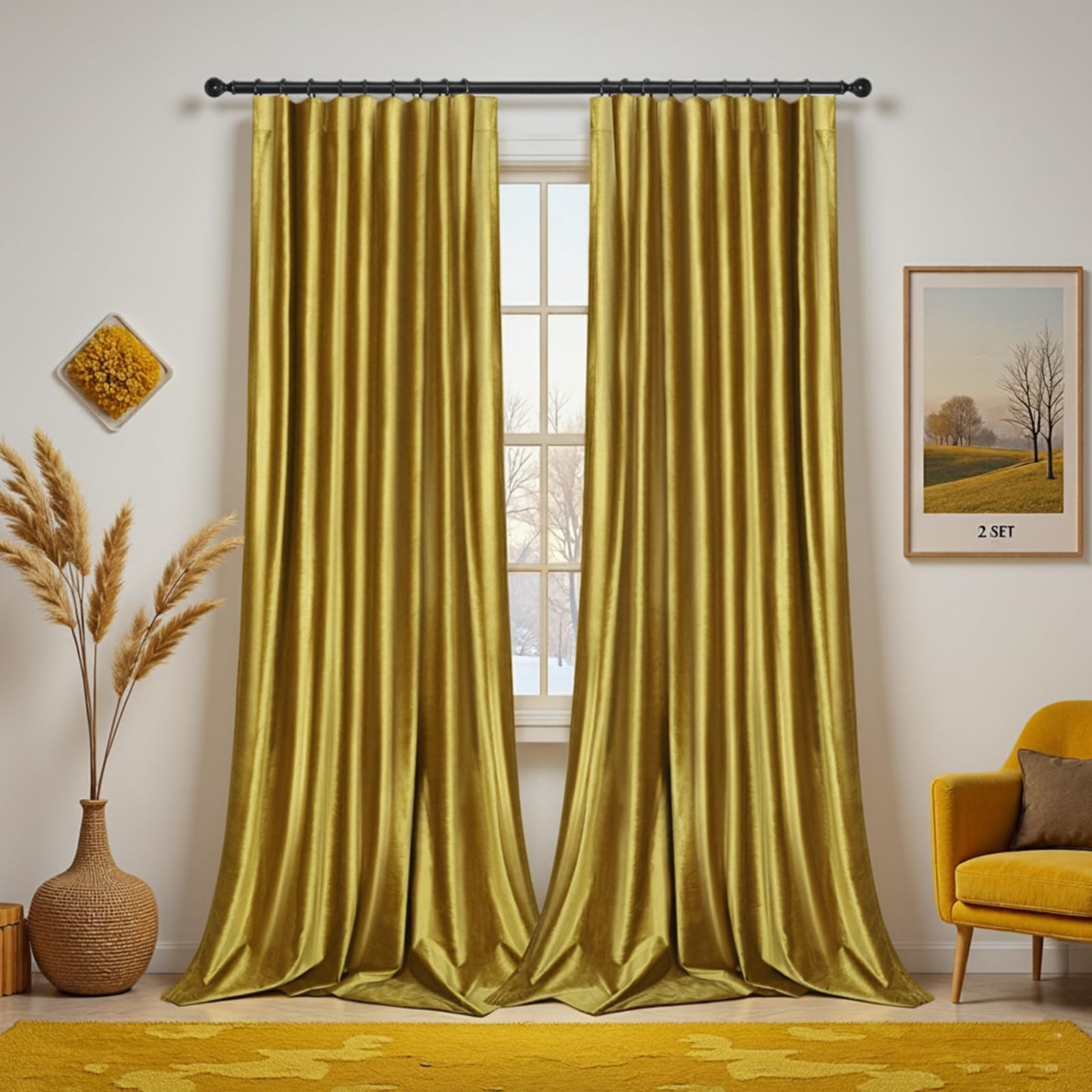 2er Set Samtvorhang Kräuselband, Hochglänzender Diamantsamt Vorhänge Verdunkelung Samt Gardinen, Thermogardine Kälteschutz, Velvet Curtains Wohnzimmer, Schlafzimmer (H274xB132CM, Gold)