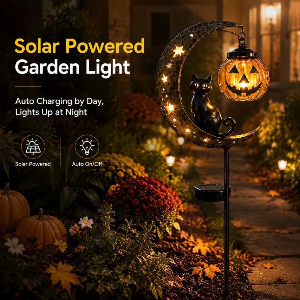 Lampe solaire d'Halloween en forme de chat noir et citrouille - Décoration de jardin LED étanche - Décoration d'allée en verre craquelé à suspendre - Citrouille creuse en métal pour cour
