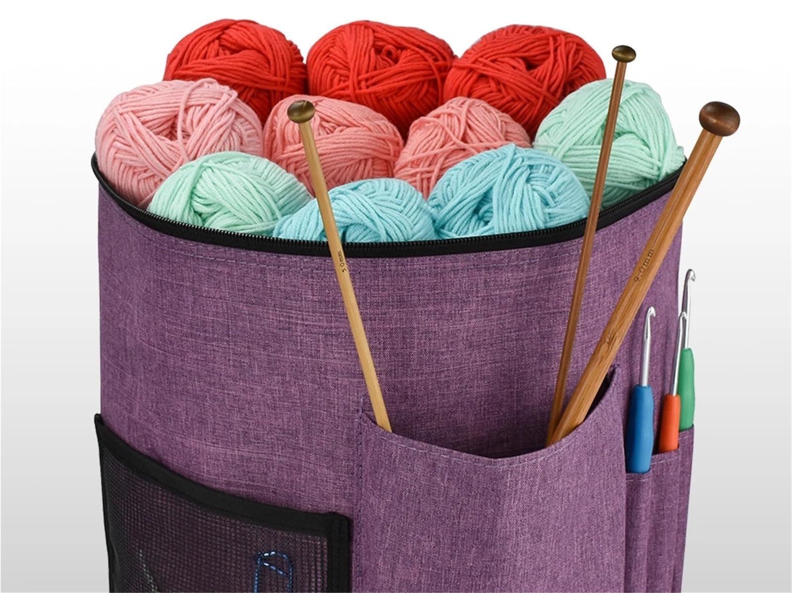 Bolsa de almacenamiento for lanas, organizador de herramientas de tejer redondas de tela Oxford con múltiples bolsillos for hilo, ganchos de ganchillo, bolso de agujas Para Hilos, Ganchillos(Purple)