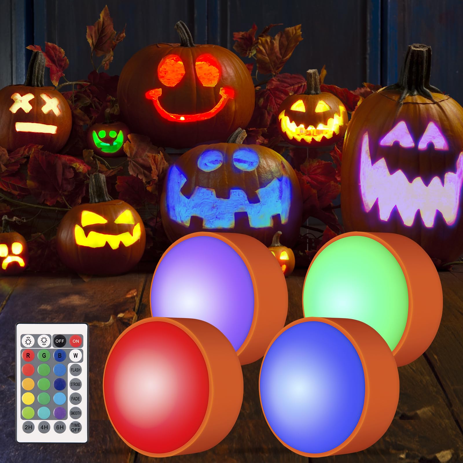 Halloween LED Flameless Pumpkin Lights, Battery Operated Jack-O-Lantern Lights with Remote Control and Timer, RGB Dimmable Color Changing Lights for Halloween and Pumpkin Decoration - 4 Pack