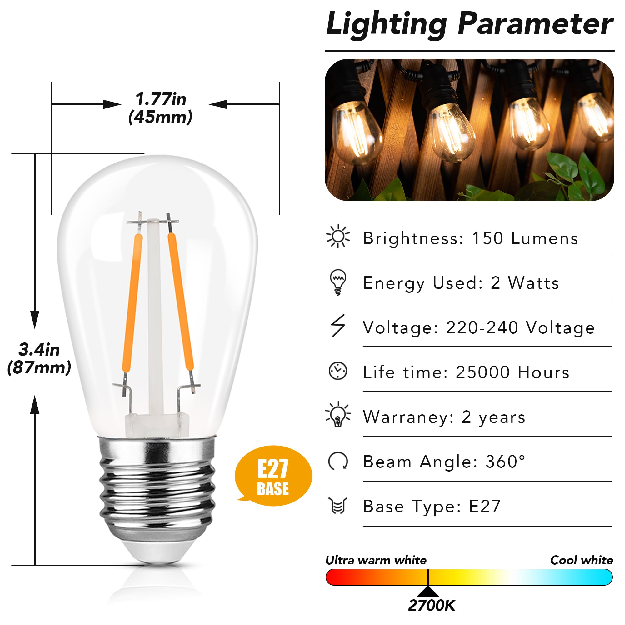 Genixgreen E27 Outdoor String Light Bulbs Replacement S14 2W Plastic LED Edison Screw ES Bulb for Backyard/Patio/Garden,Plastic,20W Equal,2700k Warm White,Non-dimmable,Pack of 15 - Image 2