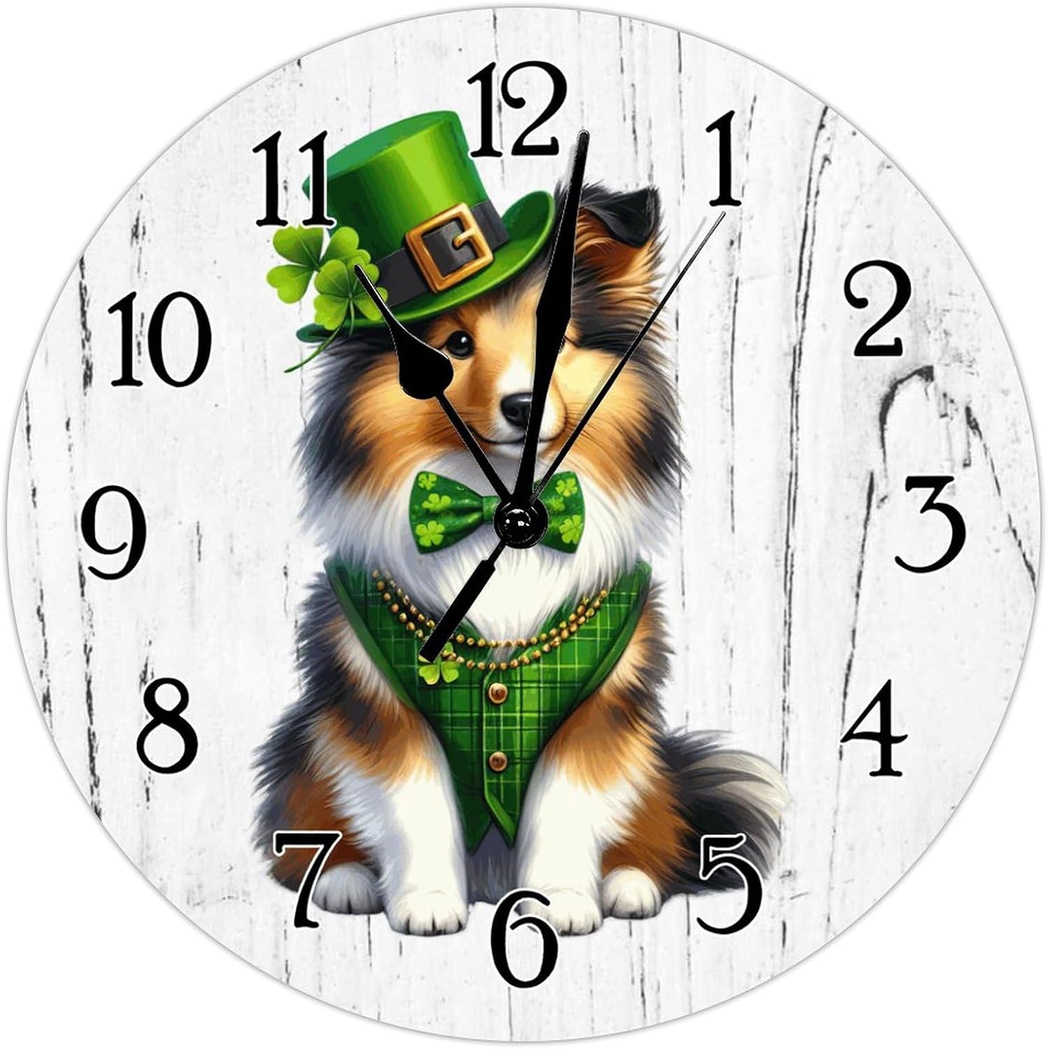Shetland Sheepdog St. Patrick's Day Wood Wall Clock Shetland Sheepdog Dog Green Leprechaun Hat Leaf Clock Battery Operated Silent Hanging Wall Clocks Pet Owner Gift Wooden Clock 12x12in