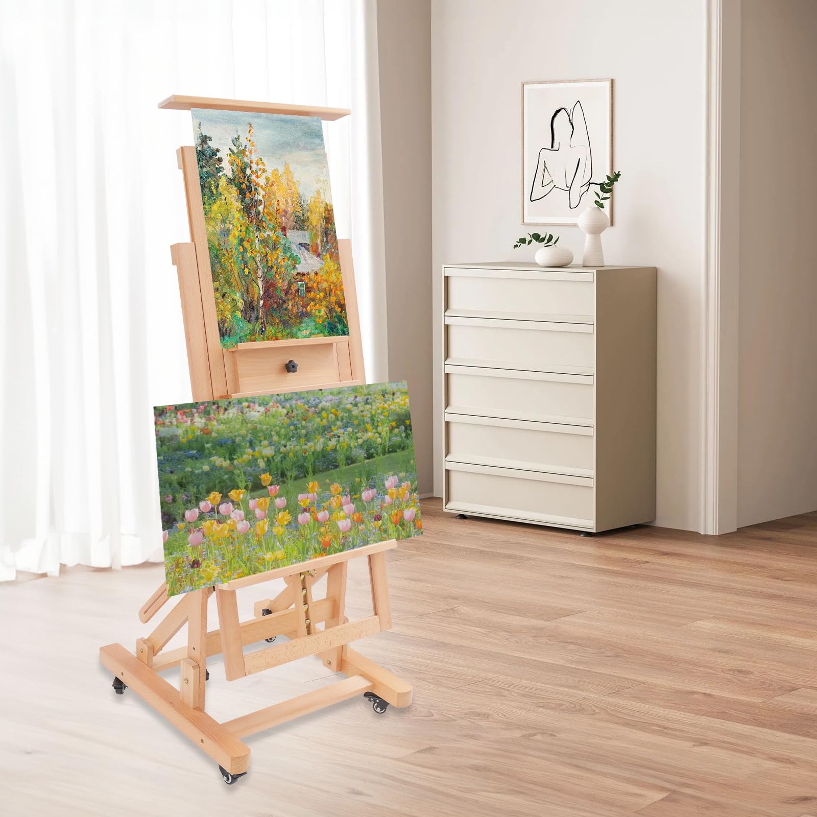 Profesjonalna drewniana sztaluga atelier, regulowana sztaluga w kształcie litery H z rolkami, pozioma i pionowa pozycja malarska, sztaluga z litego drewna, dla artystów i szkoły artystycznej