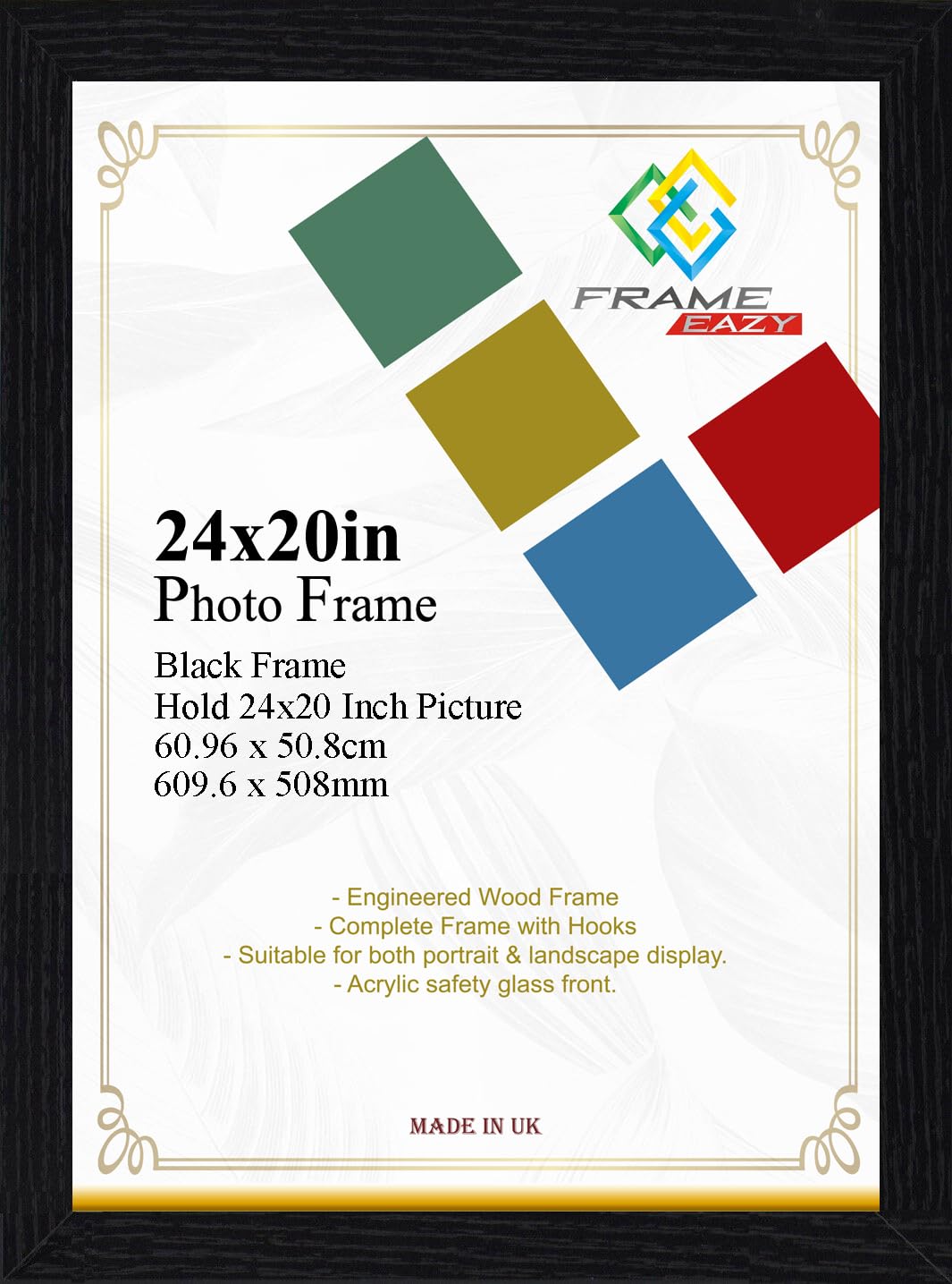 Modern Black Frame 24 x 20 Inch (60.96 x 50.8cm) Large Picture Poster Frames with Safe Clear Perspex Front & Wall Mounting - 20" x 24" Premium Wall Photo Frames