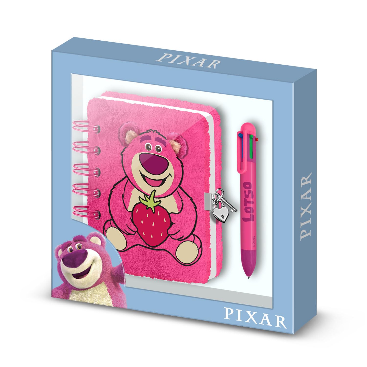 Disney Lotso Huggin Bear Strawberry-Pack of Plush Diary + 6-Coloured Pen, Pink