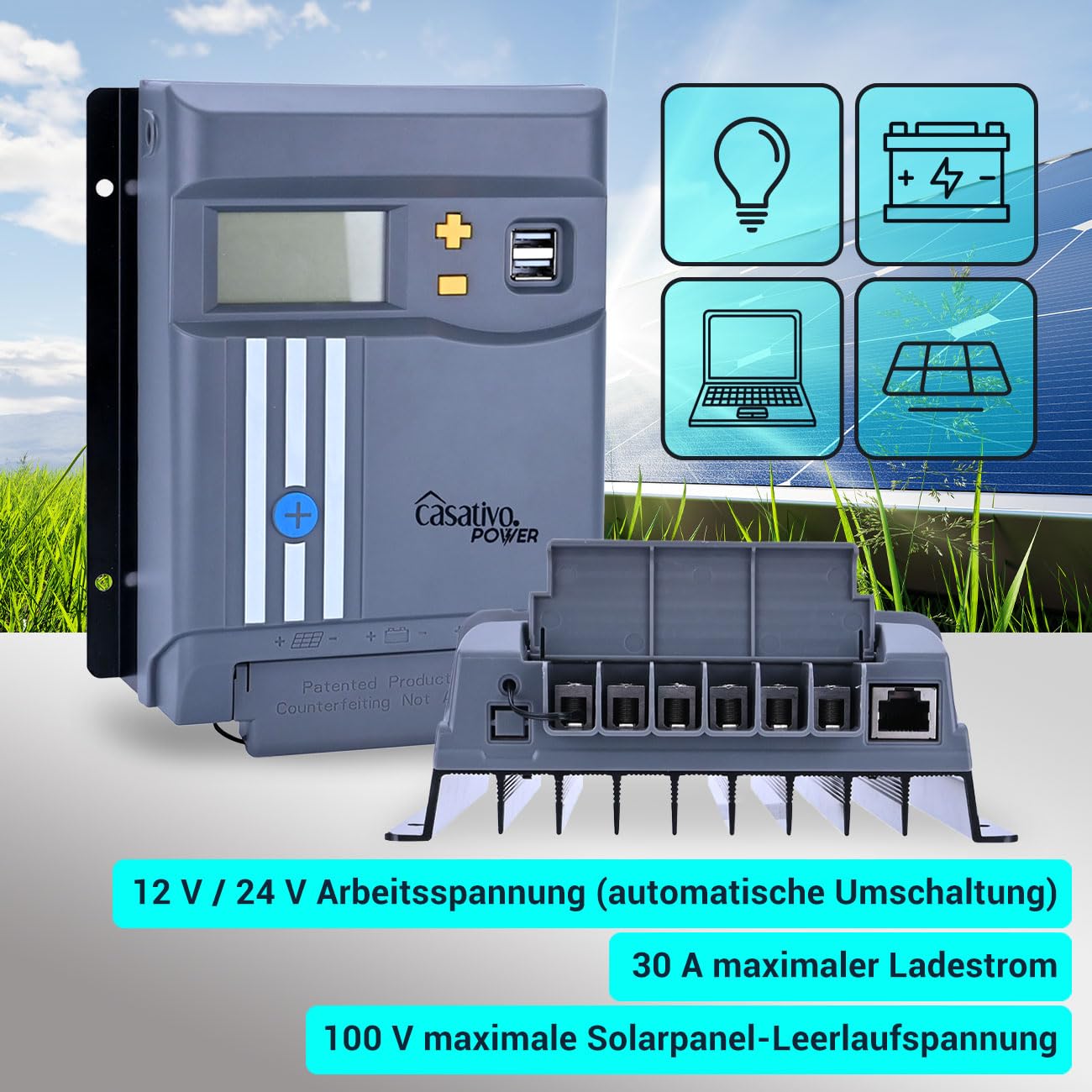 MPPT Solar-Laderegler f. 12V & 24V Batterien, 30A, LCD-Display, 2 USB-Ports, Überspannungsschutz, Solar Ladegerät Controller Solarmodule/Solar Panels