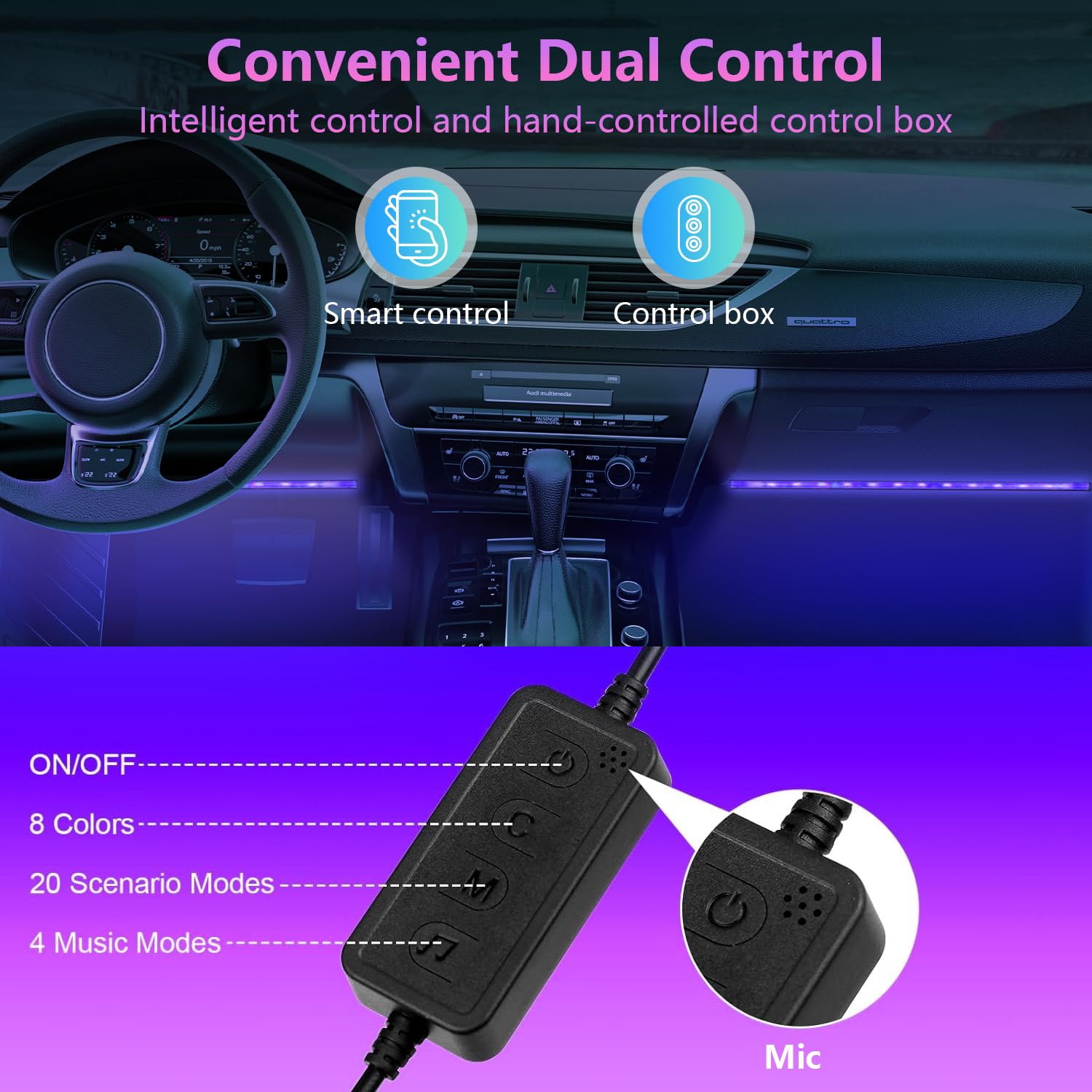 Tiras de luz LED para coche con control de aplicación inteligente de 4 hilos, kit de 72 luces LED multicolor con sincronización de música para coches, camiones, SUV a través de encendedor de