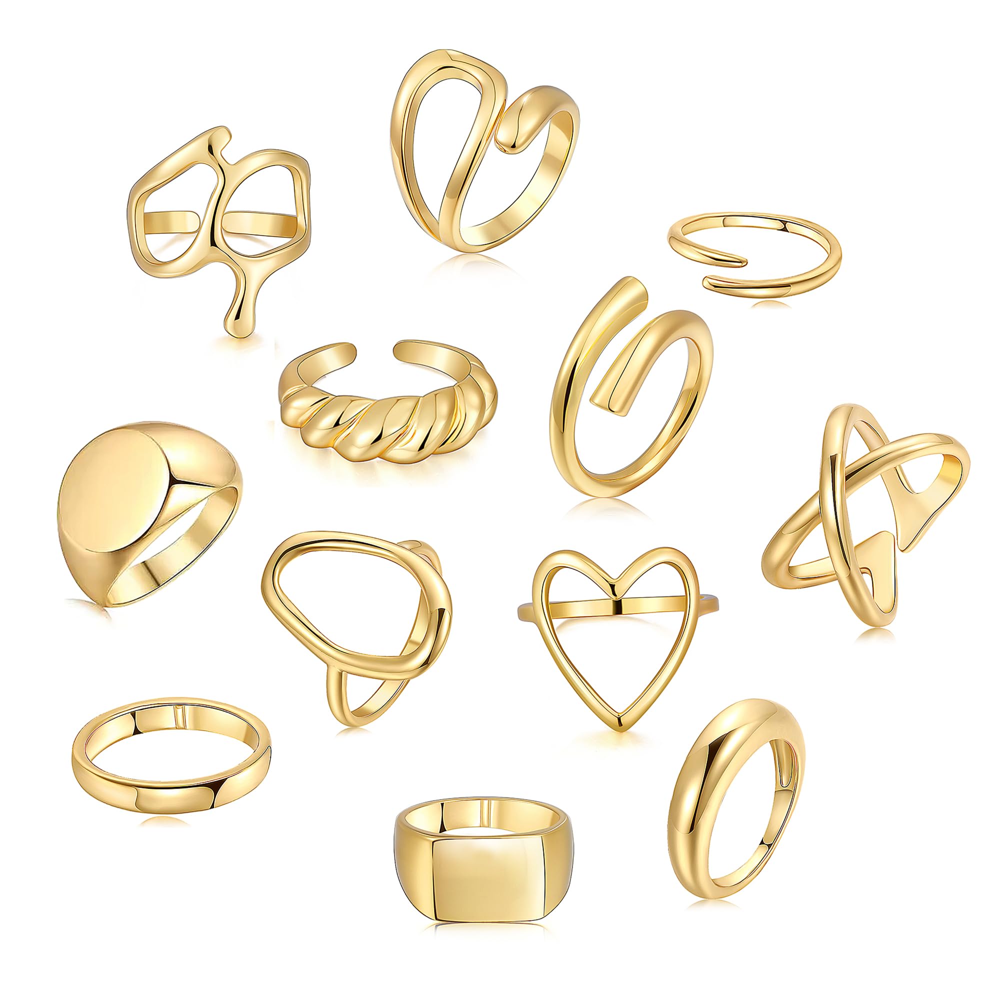 FAXHION 12PCS Gold Stackable Rings Set for Women, 18K Gold Plated Open Stacking Knuckle Ring, Adjustable Chunky Signet Band Statement Ring for Gift