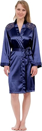 Leisureland Womens Satin Robe, Knee Length Satin Lace Robe