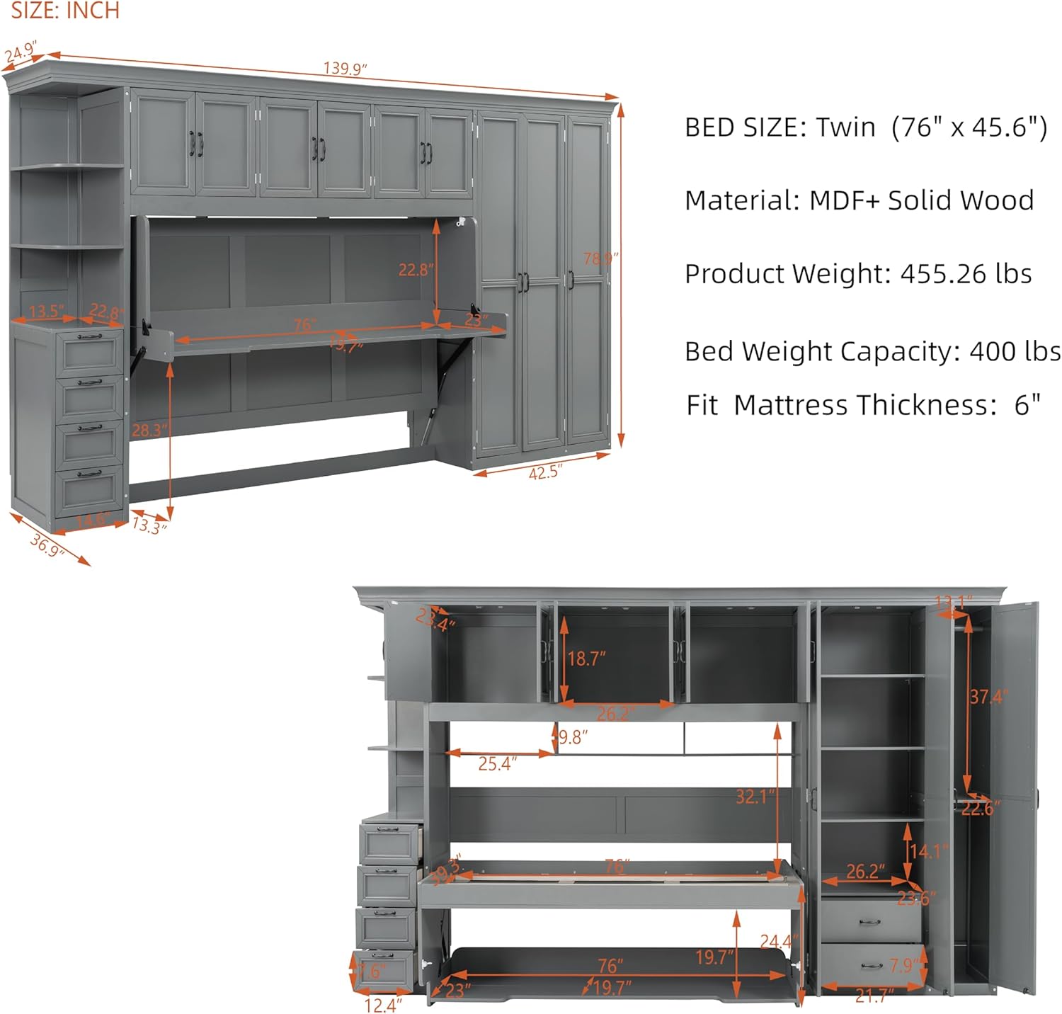 Merax Twin Size Murphy Bed with Desk, Multifunctional Wood Foldable Wall Bed with Wardrobe, Drawers and Cabinet, Space-Saving Hidden Bed for Guest Room Office, No Box Spring Needed, Grey