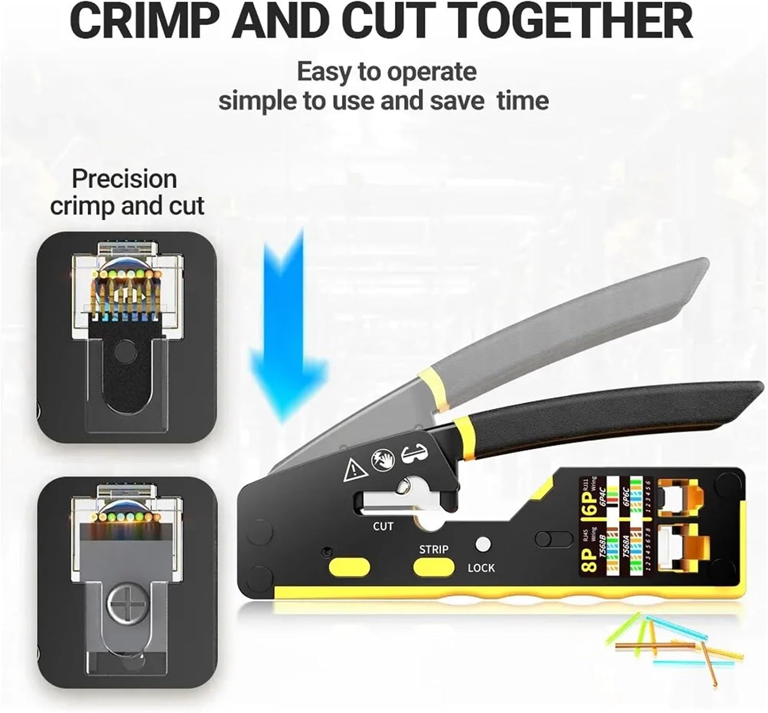 EZ-Type RJ45 Network Crimper - 3-in-1 Crimp/Cut/Strip Lan CAT8/7/6A/6/5E (STP/UTP) & RJ11/12 Tel Modular Cable (AM-6088)