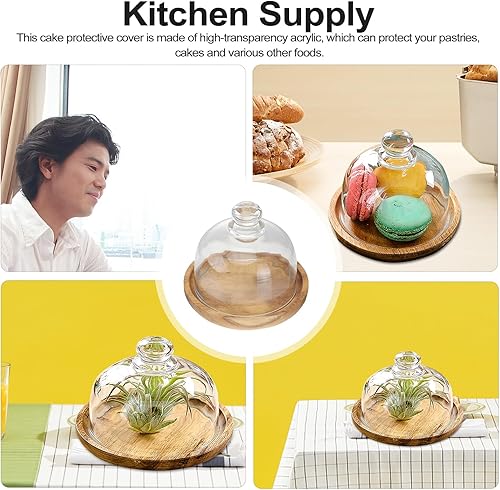 Miniatura 4 de Soporte de cristal para quesos de cúpula para pastel: Plato pequeño para pastel Cloche Plato de exhibición de pastel de madera, bandeja decorativa
