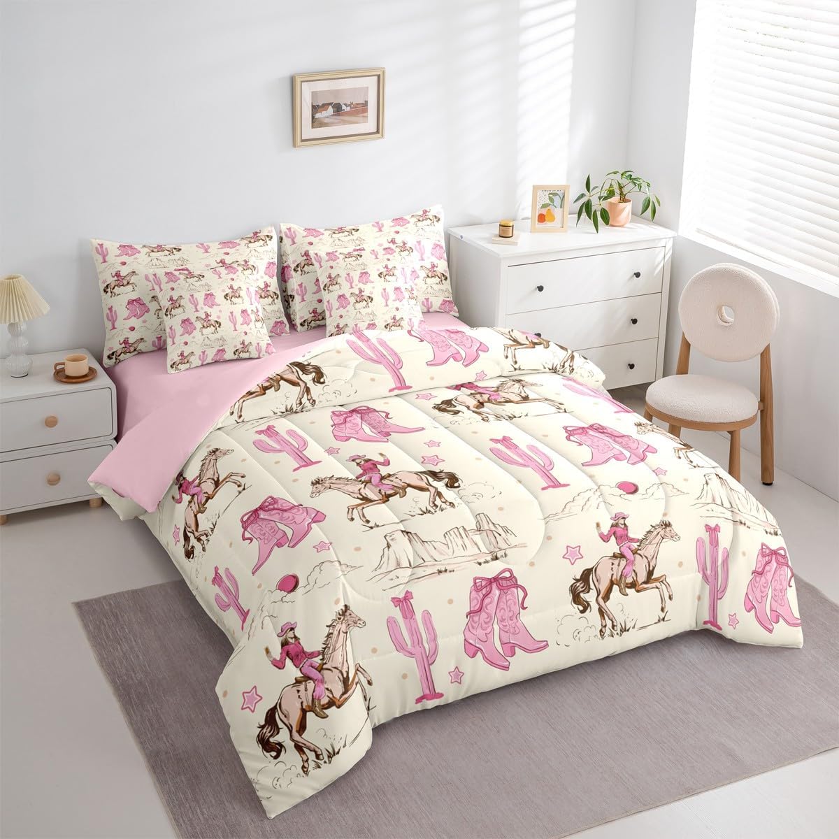 Erosebridal Retro Western Horse Queen Comforter Set with Sheets for Girls,Pink Cowgirl Boots and Bows Bedding Set 7Pcs for Kids Teen,Rustic Country Cowboy Cactus Bed Set,Cute Bow Fitted Flat Sheet