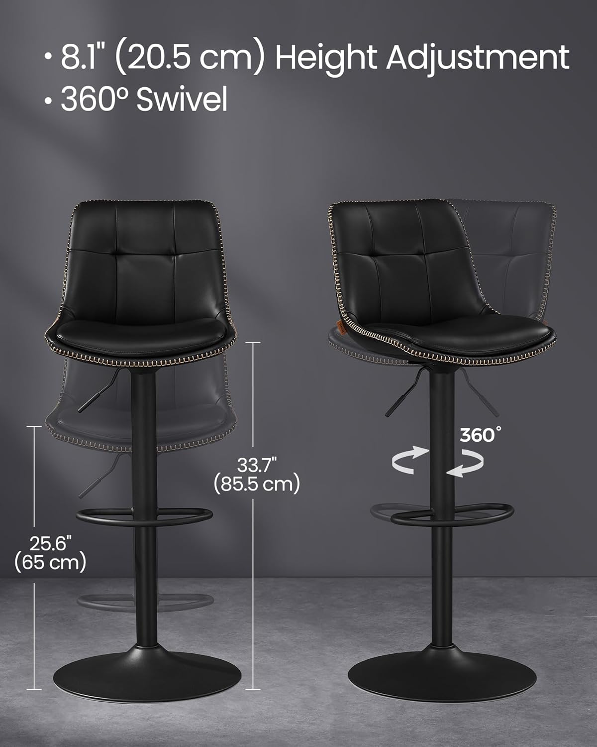 VASAGLE Bar Stools, Set of 4 Swivel Bar Chairs, Adjustable Height, Quilt, Synthetic Leather Kitchen Stools with Back and Footrest, Dining Room, Counter, Steel, Ink Black ULJB095BH01-2J