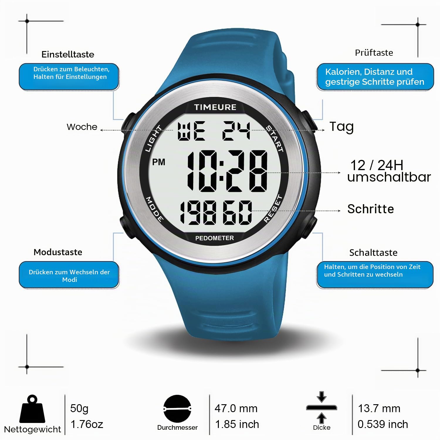 Sport Wasserdicht Schrittzähler Uhr zum Gehen Kein Aufladen Keine App Verbindung Mit EL Hintergrundbeleuchtung Einfache, Praktische Wahl Für Mobile-Free Fitness Enthusiasten TIMEURE-2308