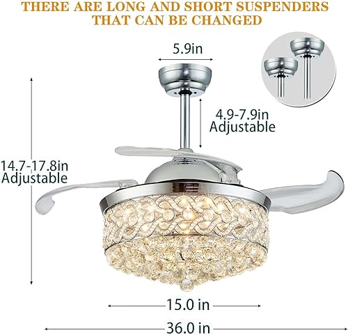 Miniatura 9 de DuMaiWay Ventilador de techo regulable de 52 pulgadas, lámpara de araña, moderna lámpara LED retráctil de cristal invisible con control remoto para