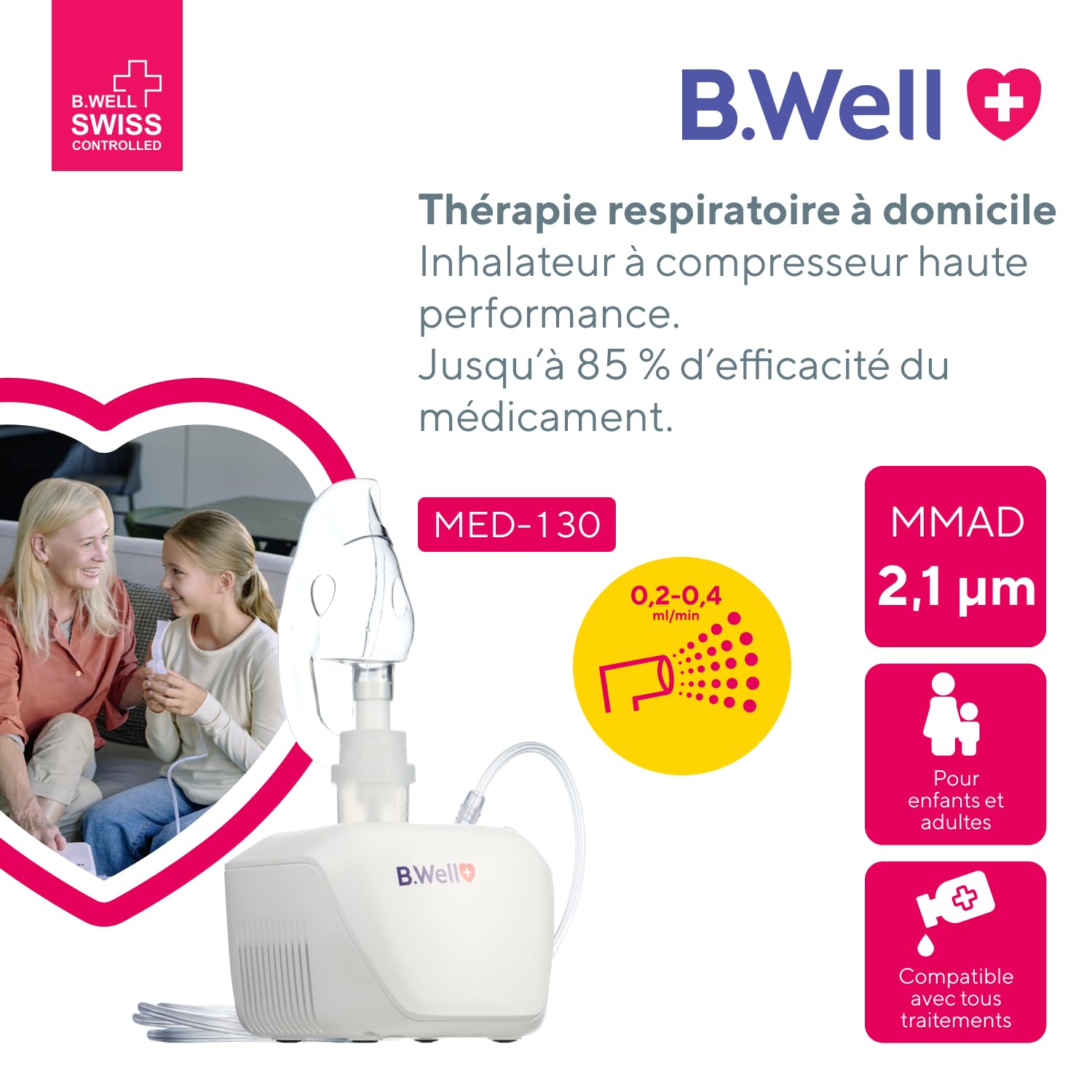 B.Well Swiss - Nébuliseur Médical et Inhalateur MED-130 – Thérapie respiratoire, débit réglable, particules fines 2,1 µm, enfants & adultes – Qualité Suisse, masques et embout buccal