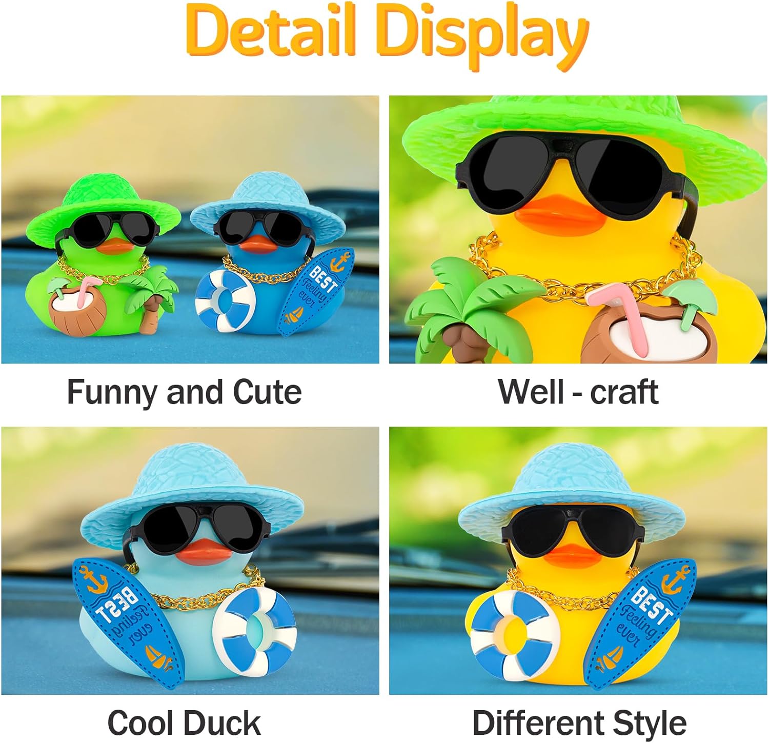 wonuu Summer Beachy Vacation Duckies, Tropical Paradise Rubber Duck Beach Surfing Ocean Voyage Rubber Ducks (Light Blue, Surf Board, Lifebuoy)