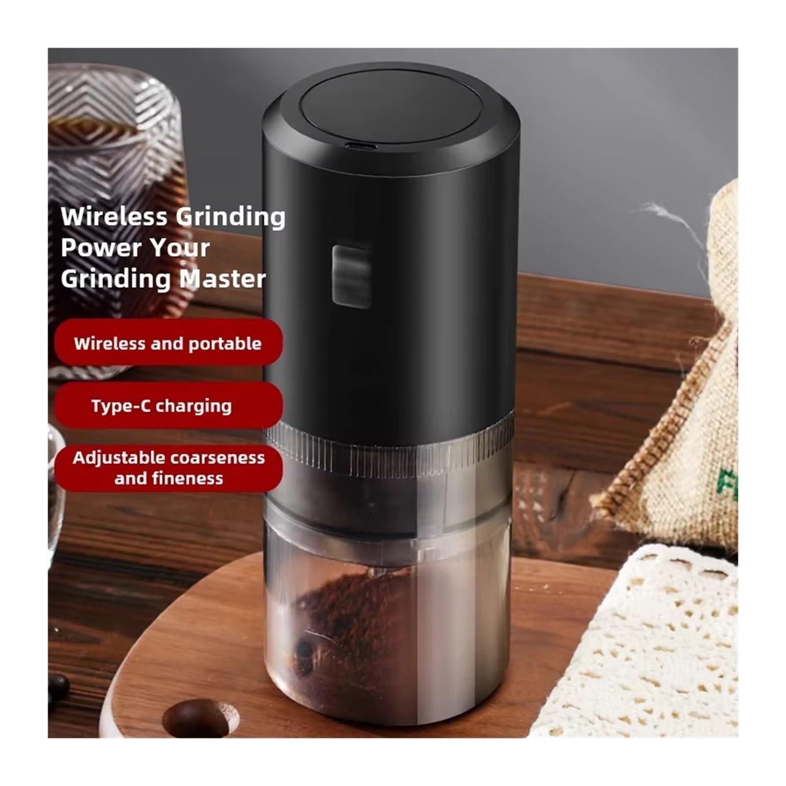 EDEDE Macchina da caffè Espresso Portatile, Macinacaffè Automatico Portatile for Chicchi di caffè, macinazione in 1, Nucleo in Ceramica, Spessore a Polvere Regolabile per Viaggi, Campeggio(Noir)