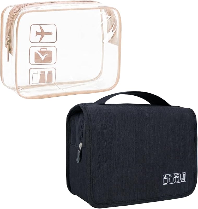 Necessaire de viagem Lcsmaokin com gancho, compartimento transparente e zíper, A-Black+Clear Rose Gold