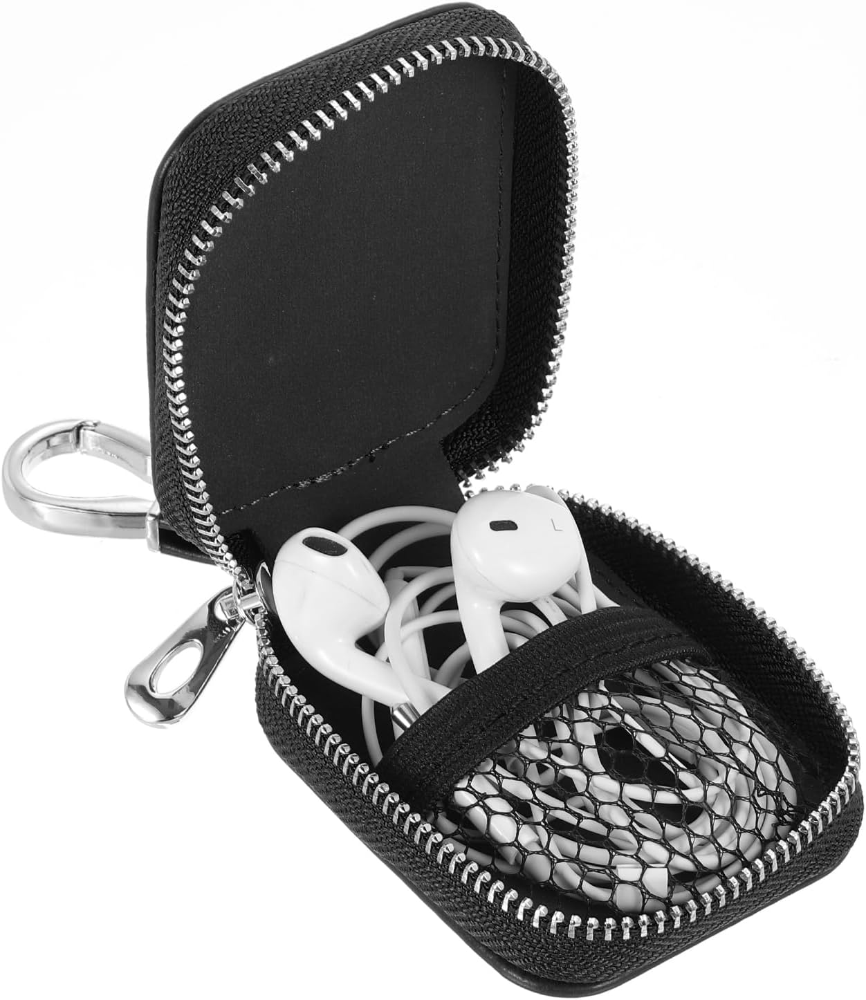 HARFINGTON Earbuds Cases, Earphone Case Holder, PU Leather Ear Buds Case Zipper Organizer Small with Mesh Pocket for USB Cable, Wireless Wired Earphones, Black image 3