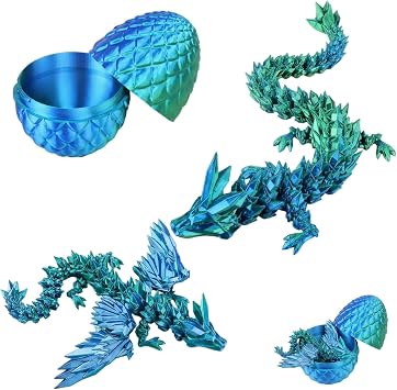 2 PCS 3D Printed Dragon, 3D Dragon Eggs with Dragon Inside, Dragon Eggs Collection for Display, 13 cm Blue Green Egg with 30 cm Blues Green Crystal Dragon and 22 cm Blue Green Flying Dragon