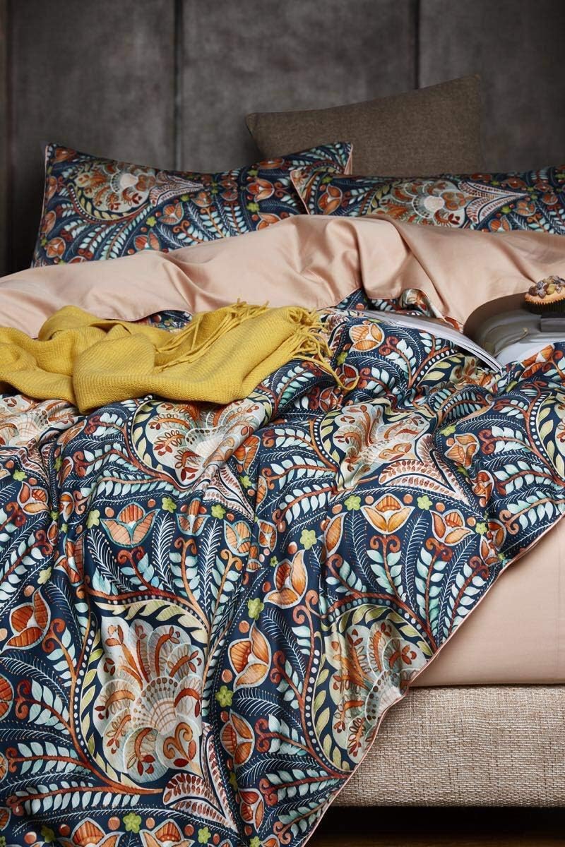 Eikei Home Damask Medallion Luxury Duvet Quilt Cover Boho Paisley Print Bedding Set 400 Thread Count Egyptian Cotton Sateen Vibrant Bohemian Pattern (Blue Orange, King)