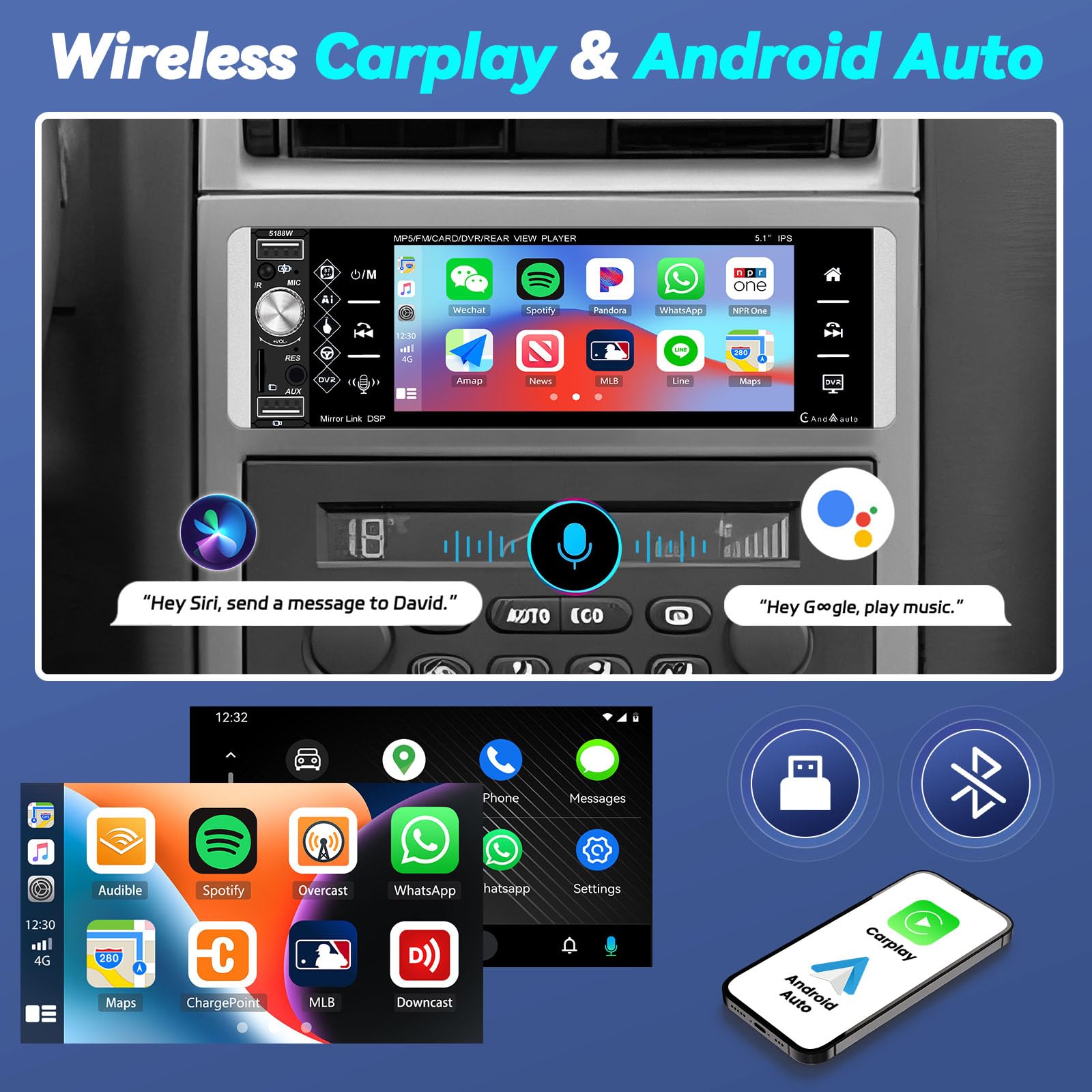 Autoradio 1 Din OiLiehu Con Schermo 5.1 Pollici - CarPlay E Android Auto Wireless, Mirror Link, Bluetooth, Telecamera Posteriore, EQ, Per Auto