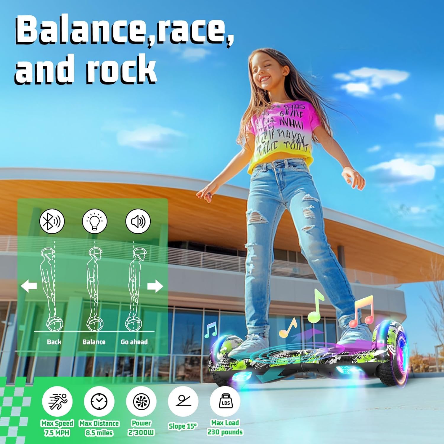 SISIGAD Hoverboard avec fixation de siège – Kit de conversion Go Kart – Roues de 16,5 cm – Hover Board pour enfants avec haut-parleurs Bluetooth – Scooter électrique auto-équilibré pour filles et